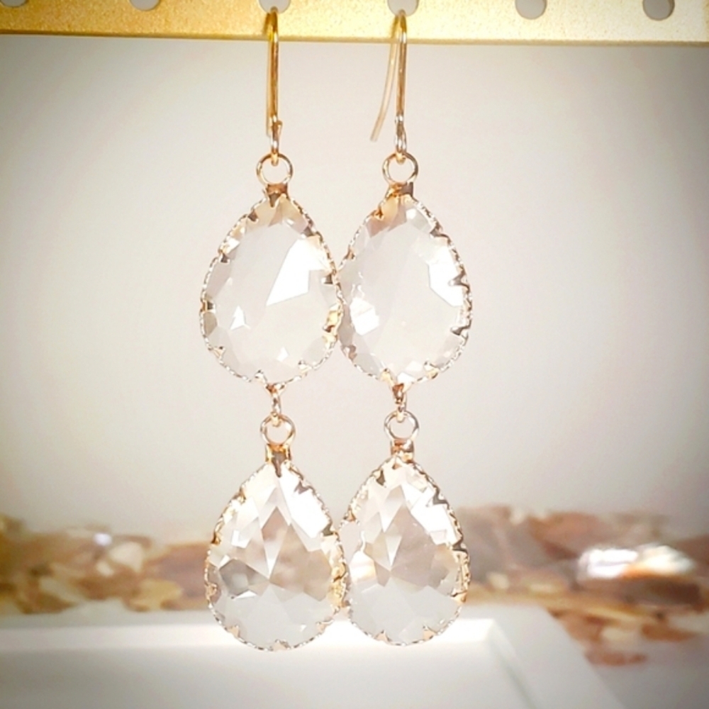 Double Drop Pear Shaped Drop Glass Earrings Gold Embellishments NEW on Card
